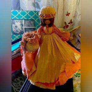 Vintage, rare, cornhusk doll, holding flower basket and curled hair
